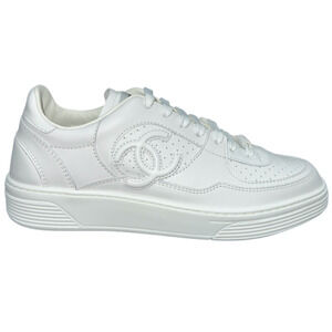 Chanel 23A White Calfskin Leather CC Logo Tie Flat Runner Trainer Sneaker 38.5